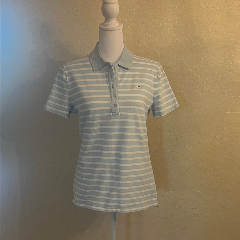 Tommy Hilfiger Light Blue and White Striped Button-Down Polo